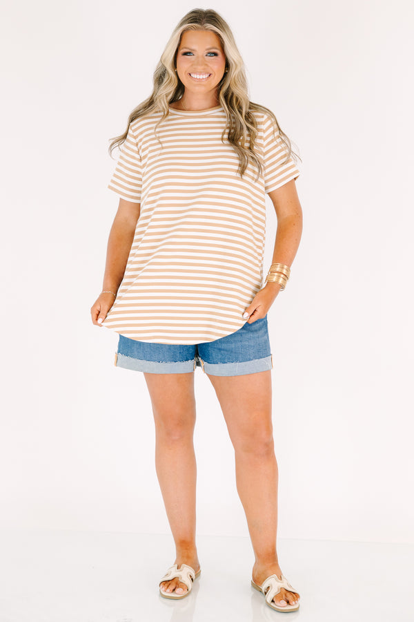 Plus Size mocha and white horizontal striped short sleeve crewneck top.