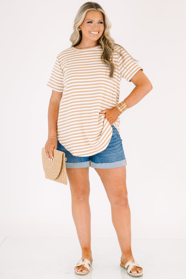 Plus Size mocha and white horizontal striped short sleeve crewneck top.