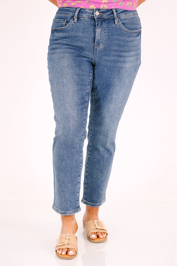 Chic Soul plus size clothing, medium wash ankle jeans with relaxed fit and no distressing