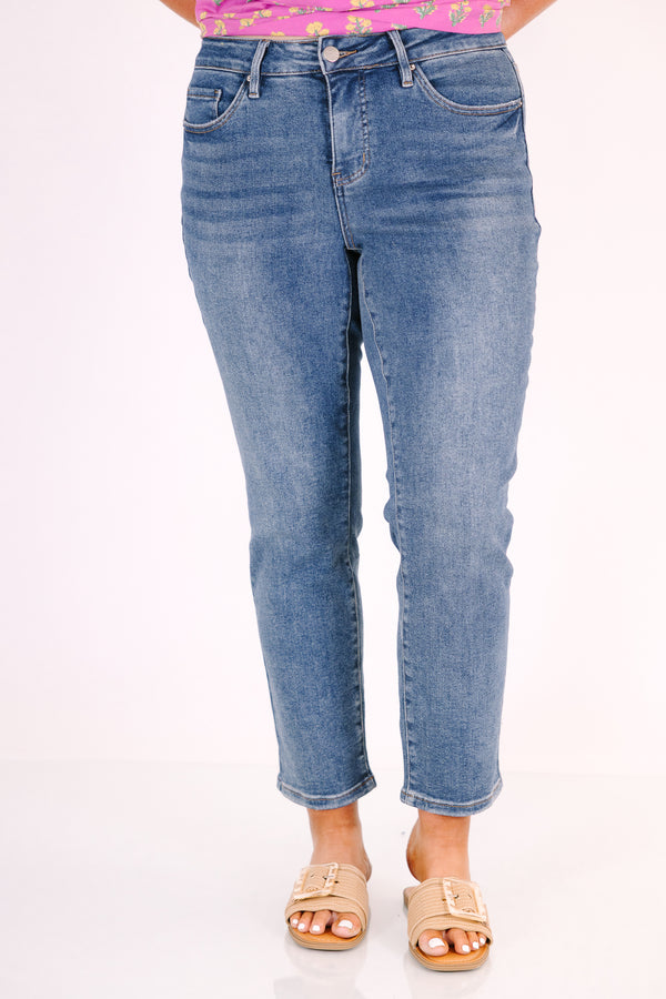 Chic Soul plus size clothing, medium wash ankle jeans with relaxed fit and no distressing