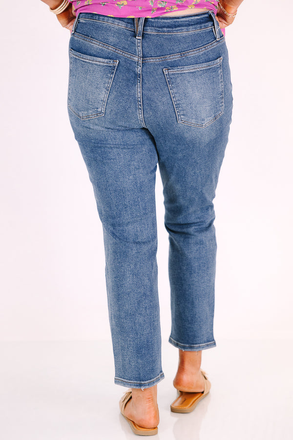 Chic Soul plus size clothing, medium wash ankle jeans with relaxed fit and no distressing