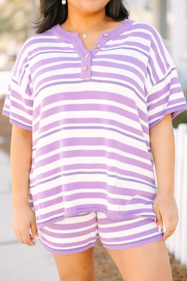 Chic Soul plus size clothing, short sleeve lavender and white stripe sweater set with shorts