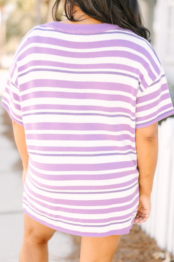Chic Soul plus size clothing, short sleeve lavender and white stripe sweater set with shorts