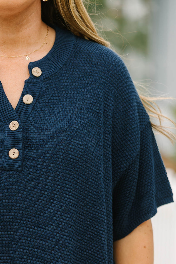 Chic Soul plus size clothing, navy blue short sleeve knit top with four wooden buttons along the v-neckline and navy blue shorts with elastic waistband to make a matching set