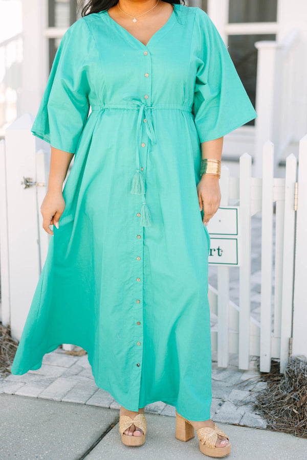 Chic Soul plus size clothing, turquoise button-up maxi dress with half sleeves a slight v-neckline and a drawstring belt that ties in a bow in the middle of the waist 