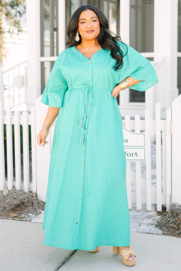 Chic Soul plus size clothing, turquoise button-up maxi dress with half sleeves a slight v-neckline and a drawstring belt that ties in a bow in the middle of the waist 