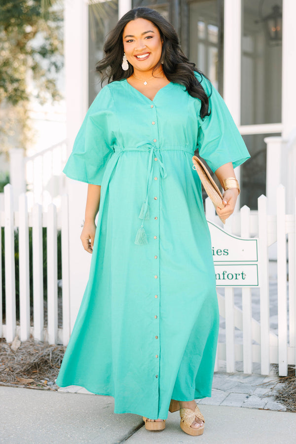 Chic Soul plus size clothing, turquoise button-up maxi dress with half sleeves a slight v-neckline and a drawstring belt that ties in a bow in the middle of the waist 