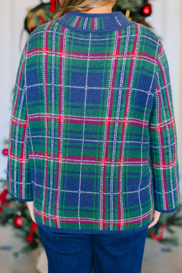 Plus Size navy plaid sweater with a mock neckline, long sleeves, and a relaxed fit.
