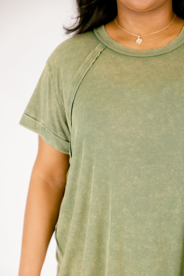 Chic Soul plus size clothing, light olive short sleeve casual top with cuffed sleeves and distressed hems 