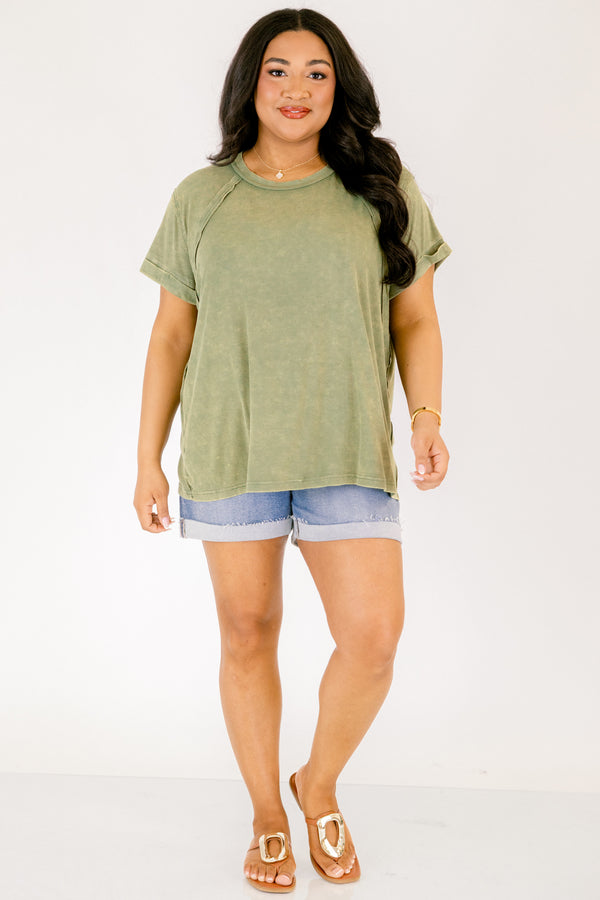 Chic Soul plus size clothing, light olive short sleeve casual top with cuffed sleeves and distressed hems 