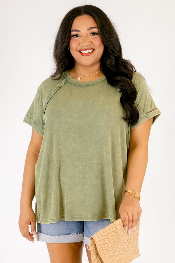 Chic Soul plus size clothing, light olive short sleeve casual top with cuffed sleeves and distressed hems 