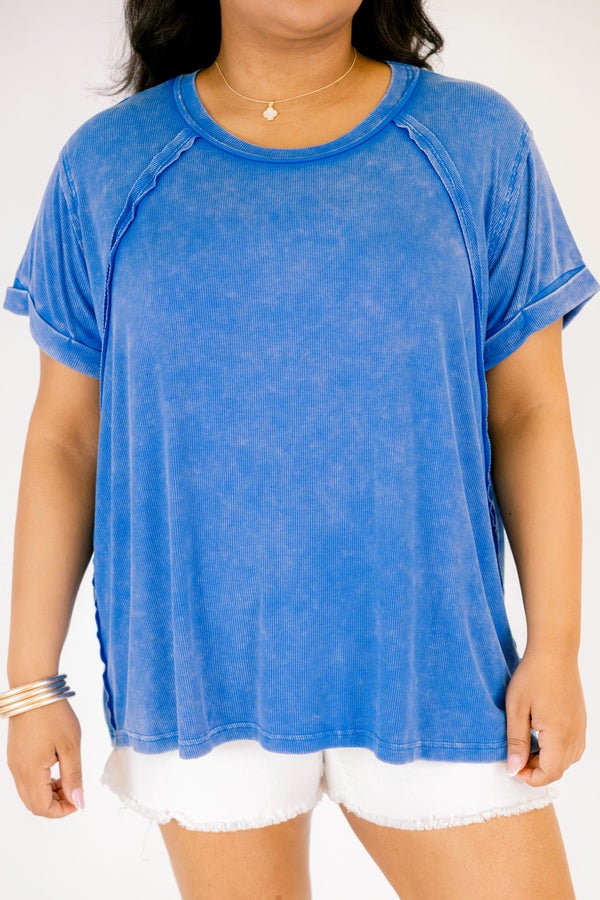 Chic Soul plus size clothing, ocean blue acid washed short sleeve top with a distressed look 