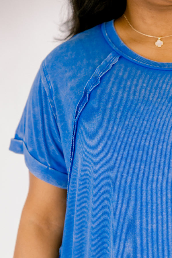 Chic Soul plus size clothing, ocean blue acid washed short sleeve top with a distressed look 