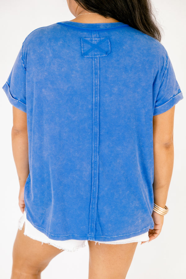 Chic Soul plus size clothing, ocean blue acid washed short sleeve top with a distressed look 