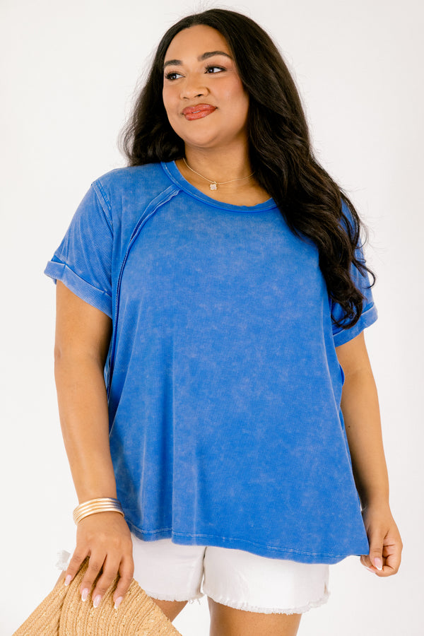 Chic Soul plus size clothing, ocean blue acid washed short sleeve top with a distressed look 
