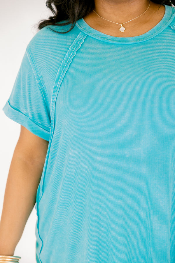 Chic Soul plus size clothing, turquoise short sleeve casual top with cuffed sleeves and distressed hems 