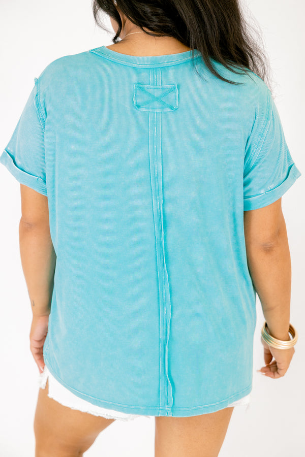 Chic Soul plus size clothing, turquoise short sleeve casual top with cuffed sleeves and distressed hems 