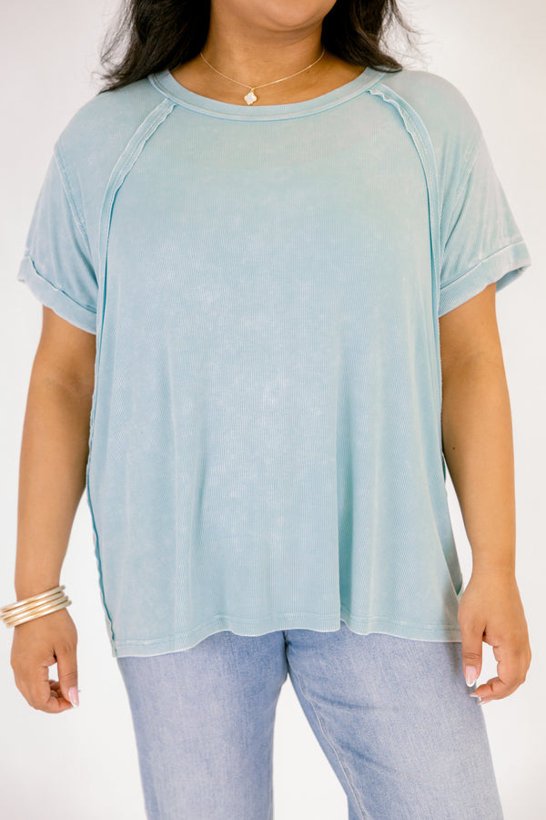 Chic Soul plus size clothing, dusty blue short sleeve tee with a distressed look and cuffs at the end of each sleeve 
