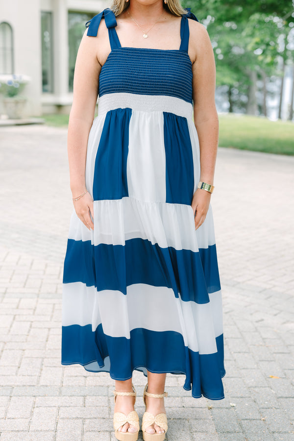 Chic Soul Plus Size Clothing, a color-block cobalt and white maxi-dress with tie-closure tank ribbon sleeves