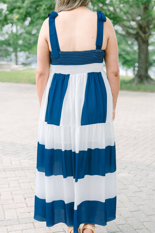 Chic Soul Plus Size Clothing, a color-block cobalt and white maxi-dress with tie-closure tank ribbon sleeves