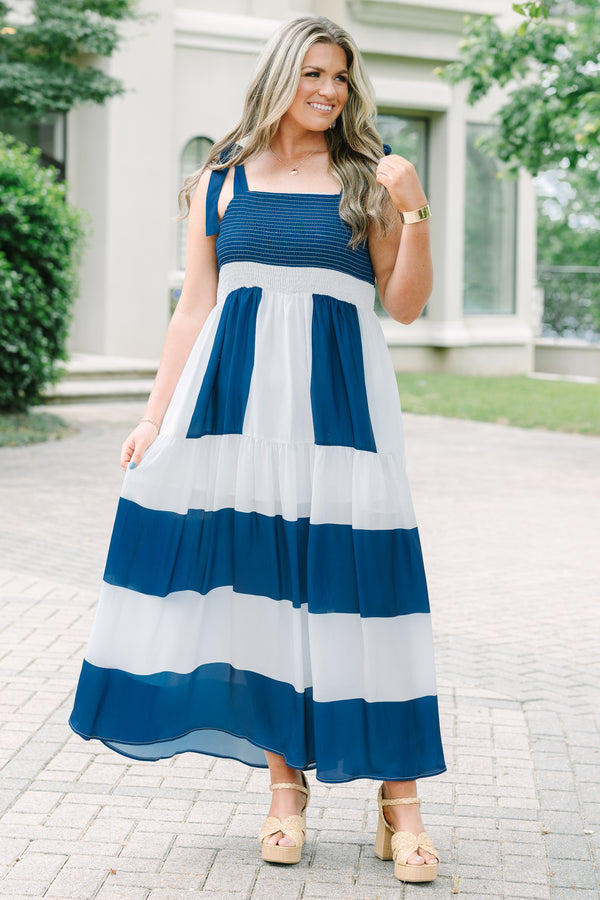 Chic Soul Plus Size Clothing, a color-block cobalt and white maxi-dress with tie-closure tank ribbon sleeves
