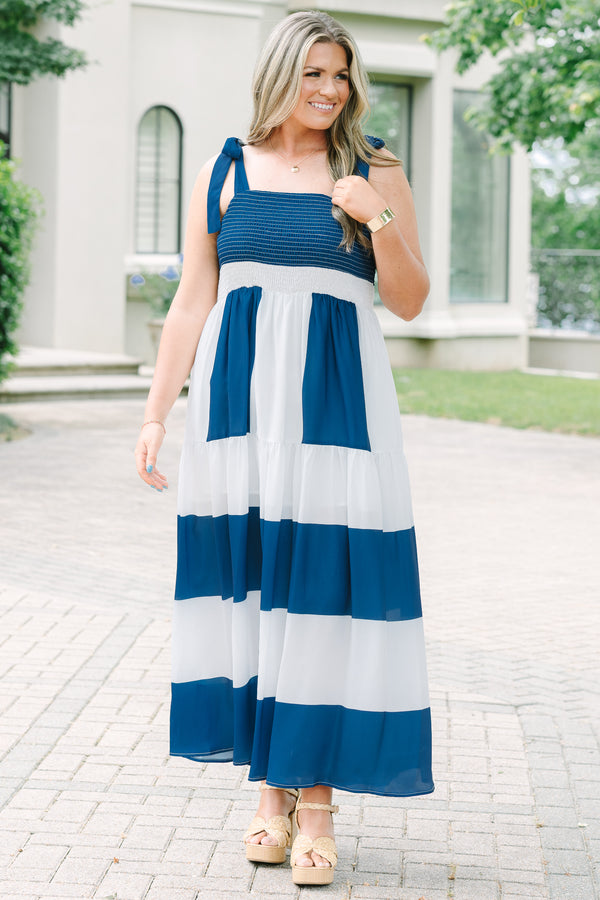 Chic Soul Plus Size Clothing, a color-block cobalt and white maxi-dress with tie-closure tank ribbon sleeves