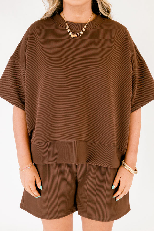 Chic Soul plus size clothing, dark brown ribbed material short sleeve crewneck and shorts matching set