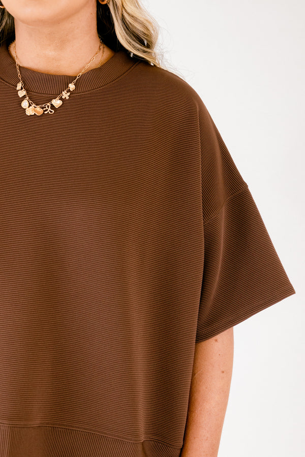 Chic Soul plus size clothing, dark brown ribbed material short sleeve crewneck and shorts matching set