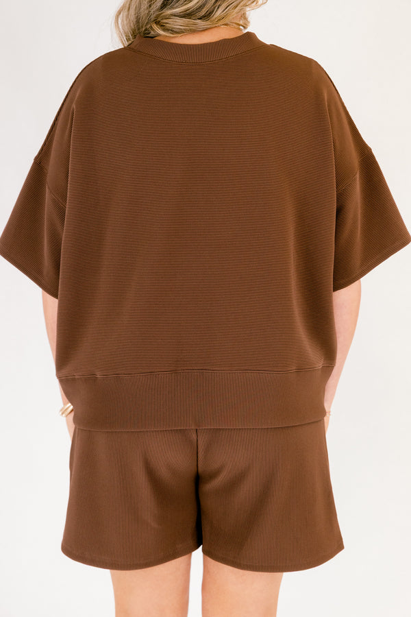 Chic Soul plus size clothing, dark brown ribbed material short sleeve crewneck and shorts matching set