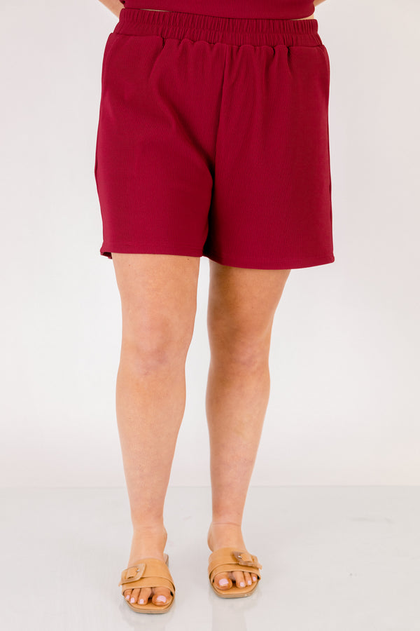 Chic Soul plus size clothing, cabernet red short sleeve crewneck tee with elastic waist band cabernet shorts making a matching set