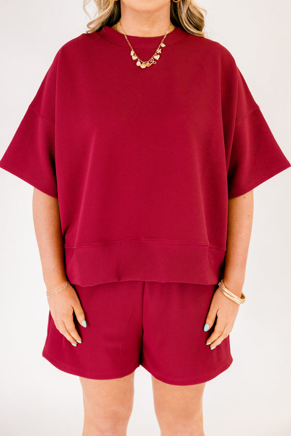 Chic Soul plus size clothing, cabernet red short sleeve crewneck tee with elastic waist band cabernet shorts making a matching set