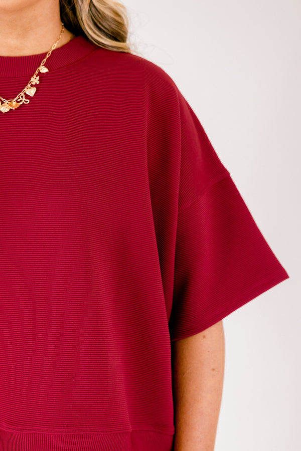 Chic Soul plus size clothing, cabernet red short sleeve crewneck tee with elastic waist band cabernet shorts making a matching set