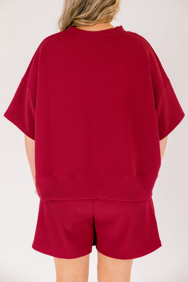 Chic Soul plus size clothing, cabernet red short sleeve crewneck tee with elastic waist band cabernet shorts making a matching set