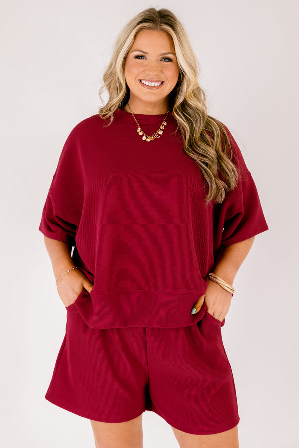 Chic Soul plus size clothing, cabernet red short sleeve crewneck tee with elastic waist band cabernet shorts making a matching set