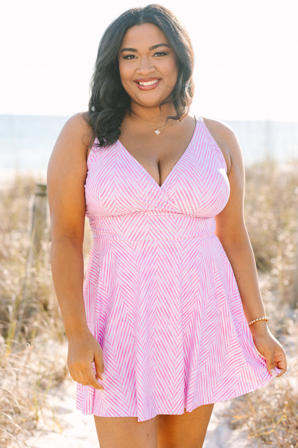 Chic Soul plus size clothing, pink strip swim dress with a deep v-neckline and a ban going around the bottom of the chest 