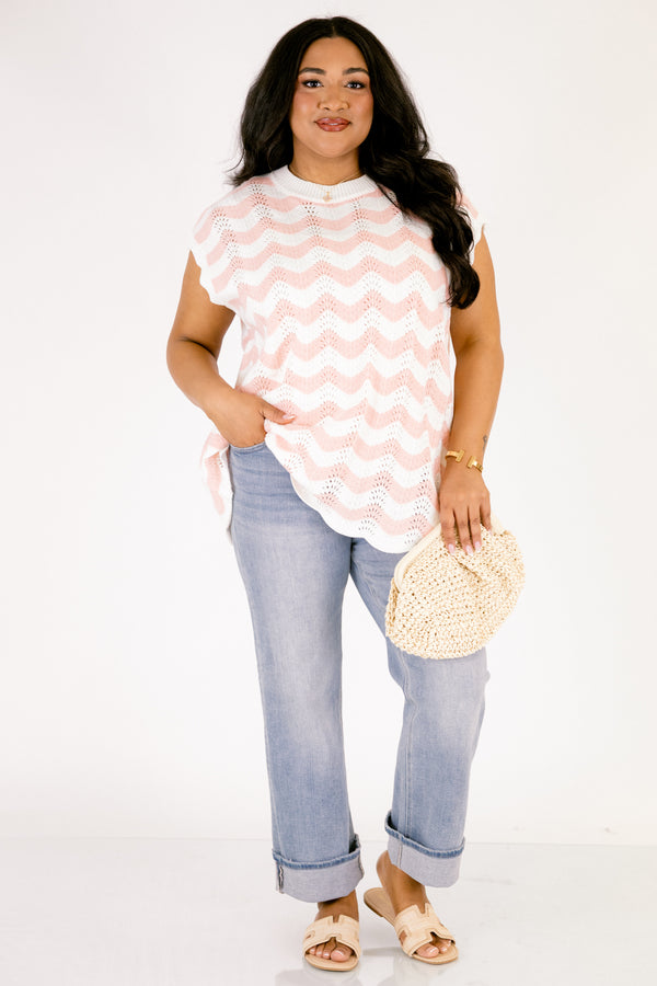 Chic Soul plus size clothing, pink sleeveless sweater with a pink and white wavey striped pattern throughout and the bottom of the sweater is a scalloped hem 