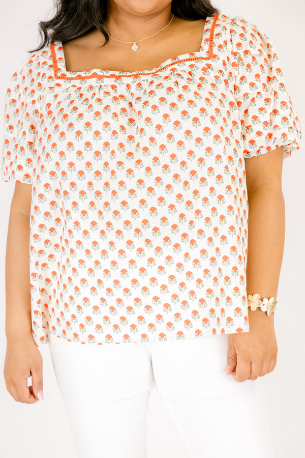 Chic Soul plus size clothing, cream puff sleeve square neck top with red block floral print and red trim detailing