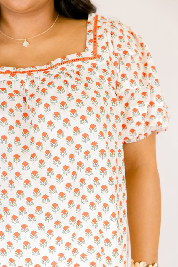 Chic Soul plus size clothing, cream puff sleeve square neck top with red block floral print and red trim detailing