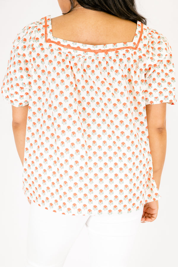 Chic Soul plus size clothing, cream puff sleeve square neck top with red block floral print and red trim detailing