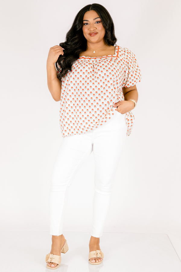 Chic Soul plus size clothing, cream puff sleeve square neck top with red block floral print and red trim detailing