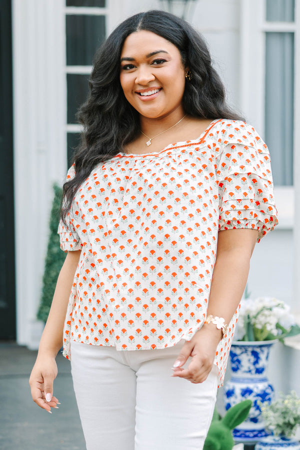 Chic Soul plus size clothing, cream puff sleeve square neck top with red block floral print and red trim detailing