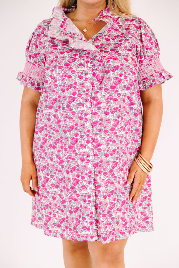 Chic Soul plus size clothing, dark pink floral print short dress with cinched puff sleeves and ruffle v neck oversized collar