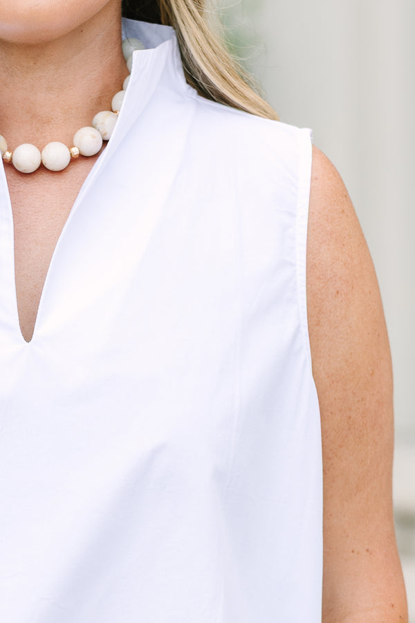 Plus size sleeveless white cotton tank top with a split v-neck and a stand-up collar.