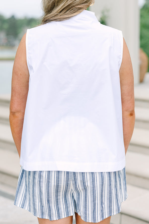 Plus size sleeveless white cotton tank top with a split v-neck and a stand-up collar.