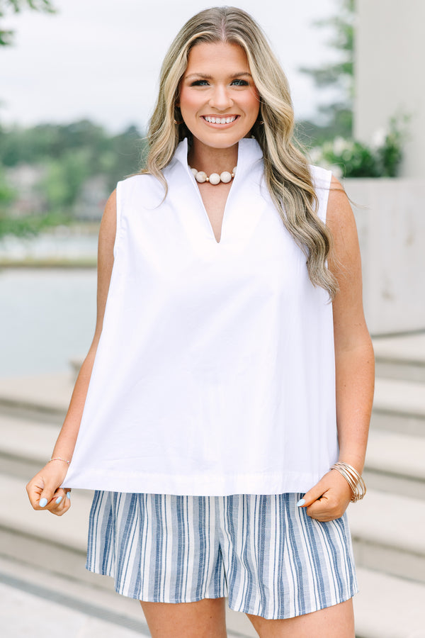 Plus size sleeveless white cotton tank top with a split v-neck and a stand-up collar.