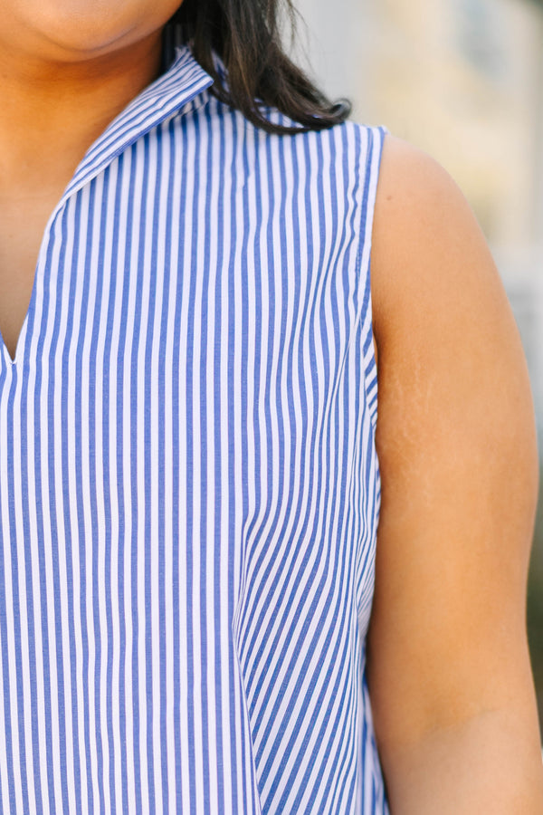 Chic Soul plus size clothing, blue striped sleeveless tank with a slight v-neckline and a flare out collar 