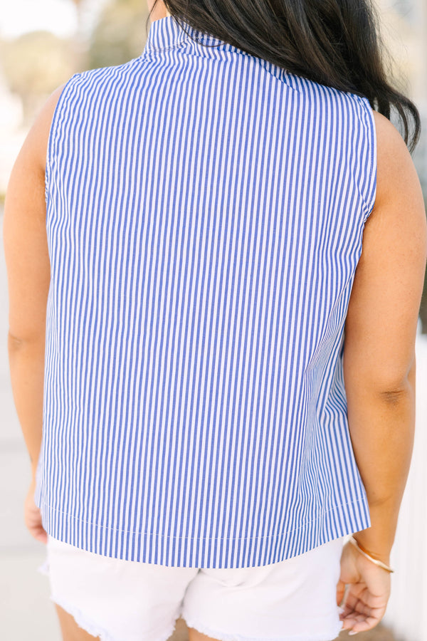 Chic Soul plus size clothing, blue striped sleeveless tank with a slight v-neckline and a flare out collar 