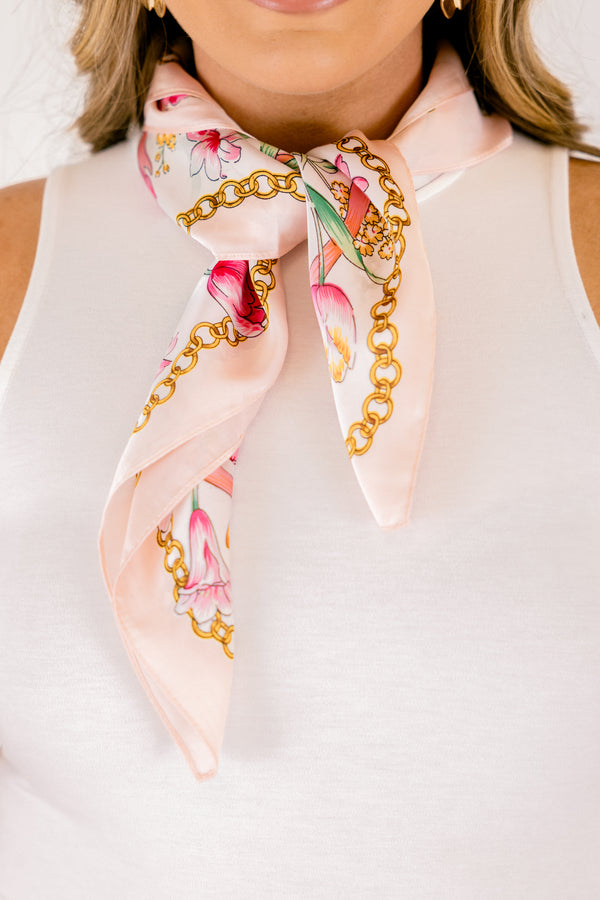 Chic Soul plus size clothing, white and pink florals and gold chain pattern scarf