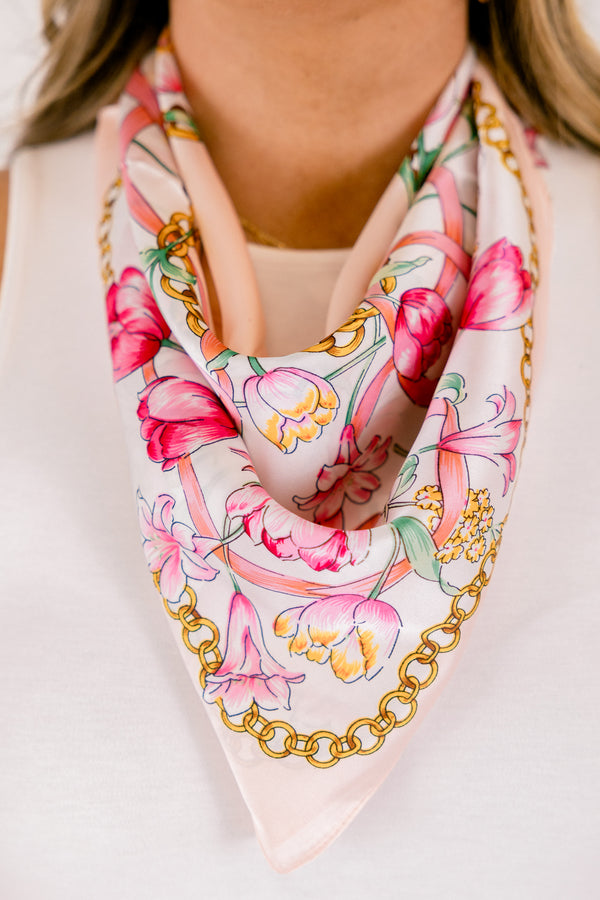 Chic Soul plus size clothing, white and pink florals and gold chain pattern scarf