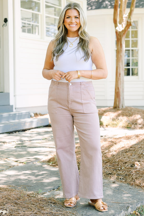 Chic Soul plus size clothing, mauve-tan straight leg jeans with oversized front pockets
